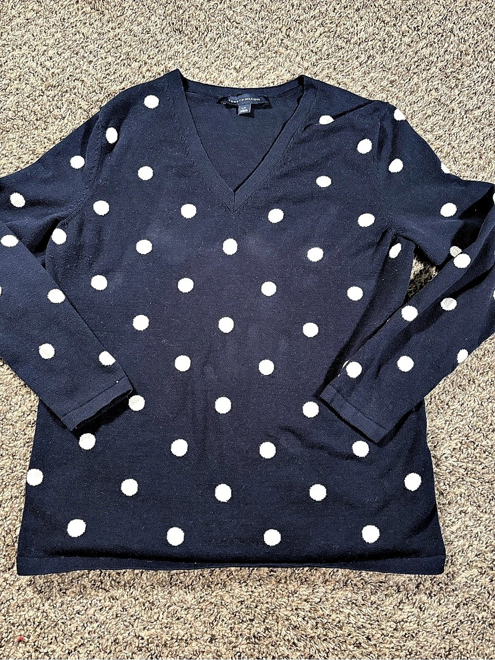 Tommy Hilfiger Polka Dot V-Neck Sweater Blue & White Large